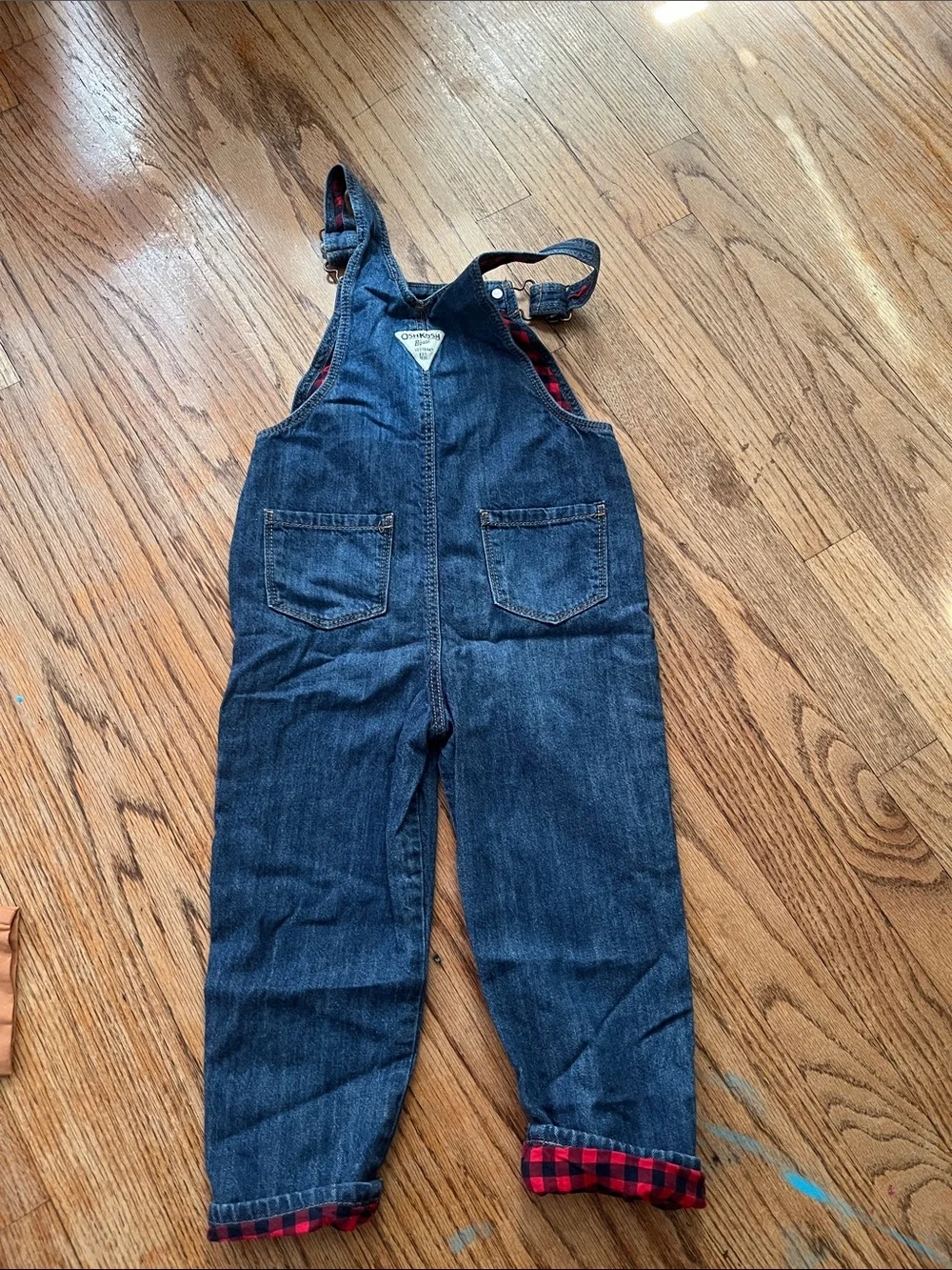 OshKosh B'gosh Dark Blue Denim Overalls with Red Plaid Trim